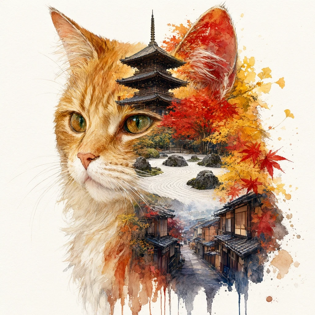 A masterpiece. The painting is done in watercolors. (Double exposure:1.8). (Portrait of a fabulously beautiful cat:1.8). In the background, there are views of Japan at that…