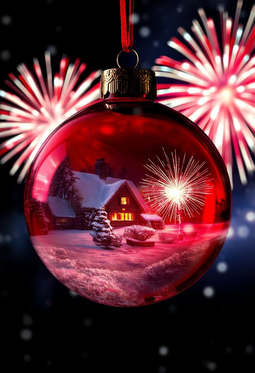 A hyperrealistic digital double exposure artwork for New Year's. Three distinct images are seamlessly blended: the detailed, reflective surface of a red glass bauble, a…