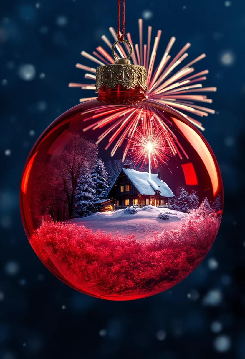 A hyperrealistic digital double exposure artwork for New Year's. Three distinct images are seamlessly blended: the detailed, reflective surface of a red glass bauble, a…