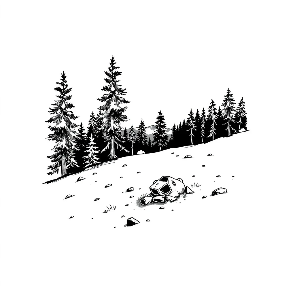 A black and white illustration in the art style of Stanford Pines’ journal from Gravity Falls: sketchy ink lines with light cross‑hatching, like pen drawing on aged paper, no…