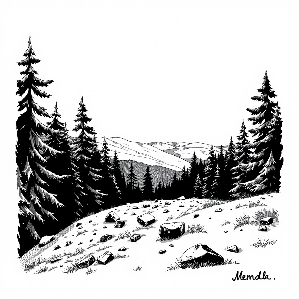 A black and white illustration in the art style of Stanford Pines’ journal from Gravity Falls: sketchy ink lines with light cross‑hatching, like pen drawing on aged paper, no…