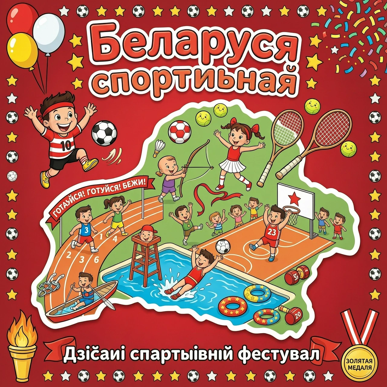 Картинка для детей "Беларусь спортивная". Разный спортианый инвентарь в контуре Беларуси в стиле дисней — работа пользователя Волшебный Рассвет