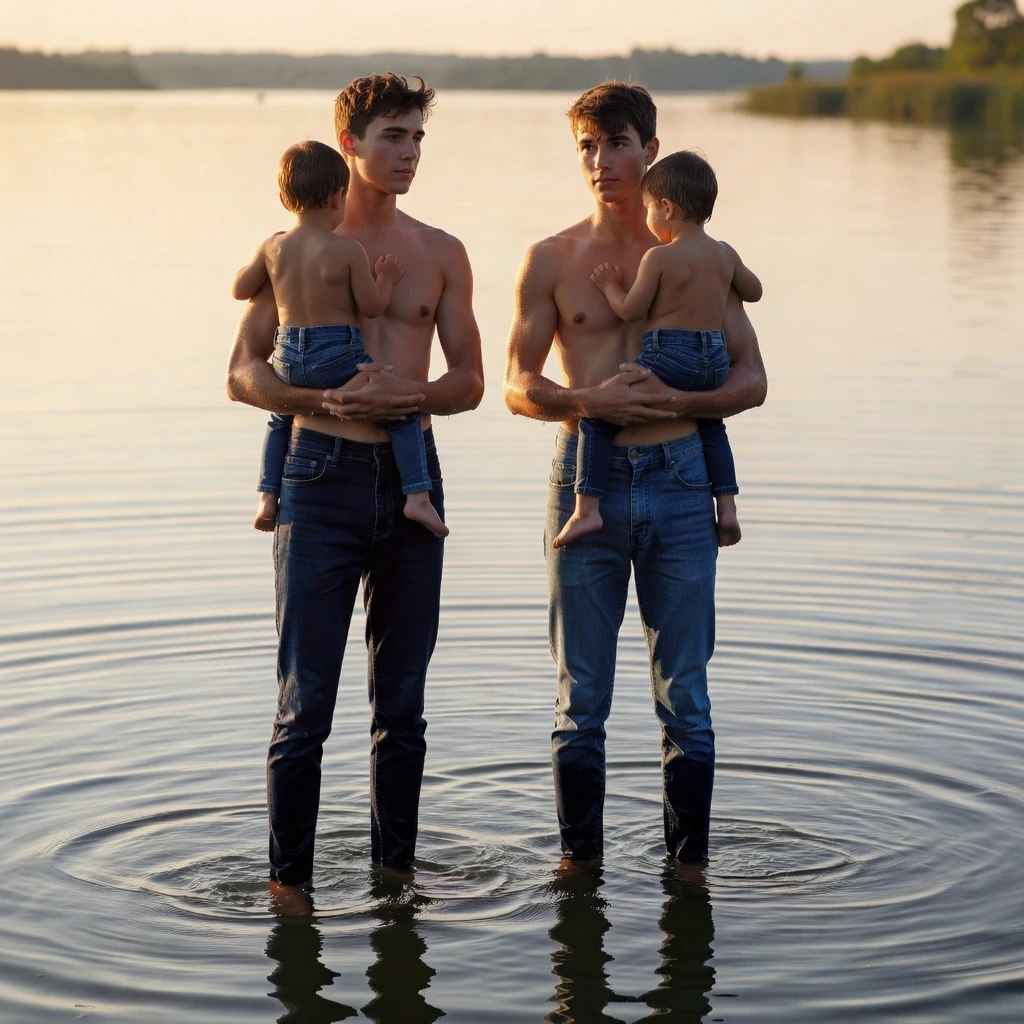 18-year-old guys in blue denim high-waisted leggings are standing deep in the water with thier children in tight denom leggings — работа пользователя Грозовой Химик