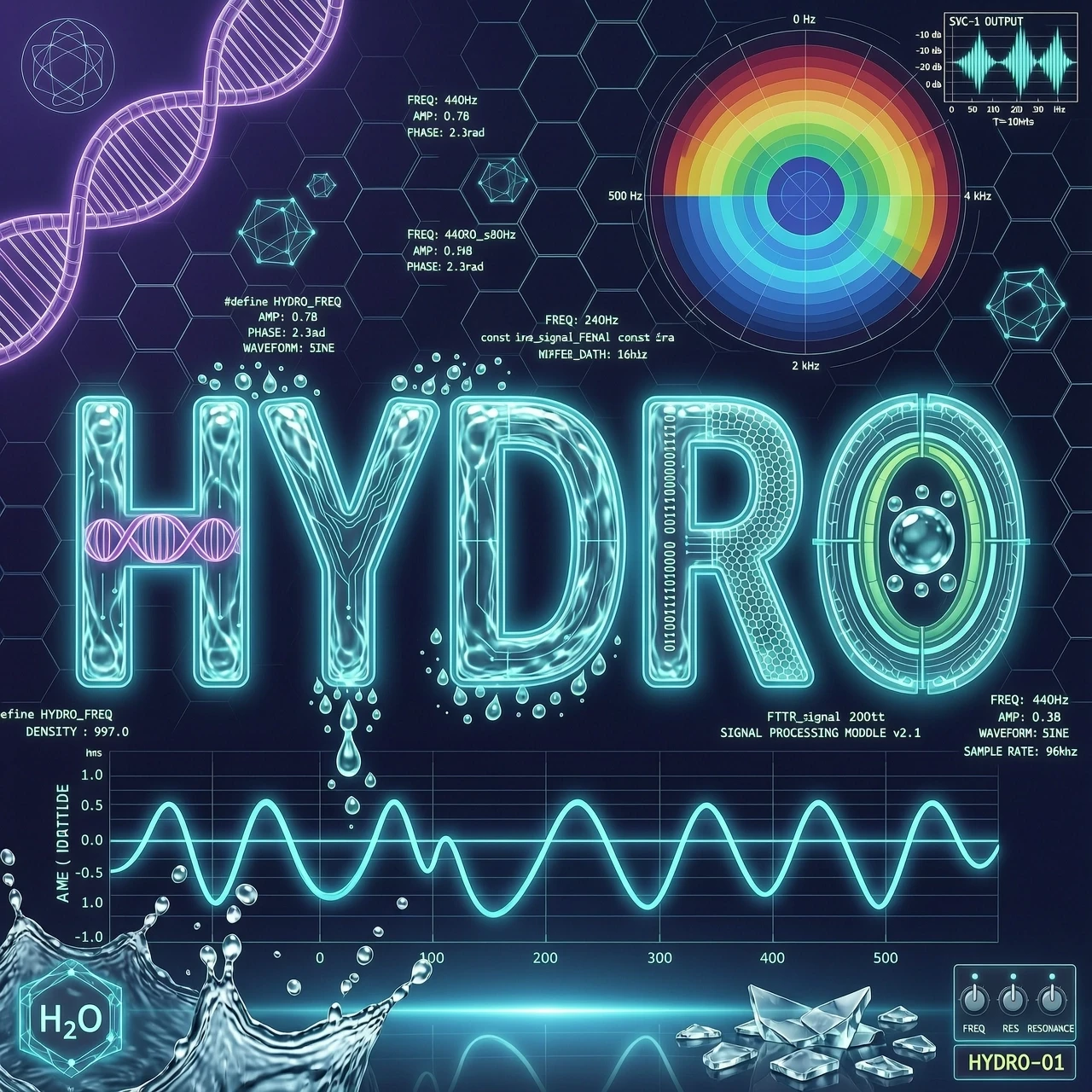 Слово "HYDRO" в электронно-музыкальном стиле с научной ноткой — работа пользователя Захватывающая Заря
