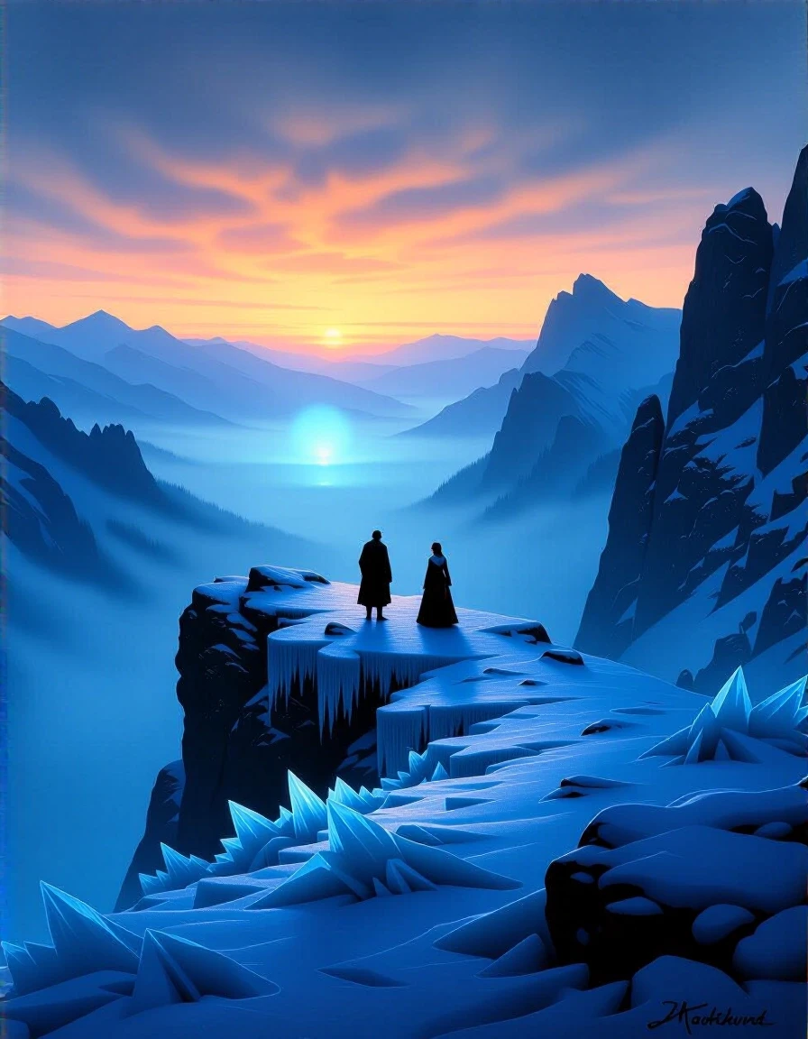 A true masterpiece, a highly detailed oil painting. A wide-angle landscape in the dark fantasy style, depicting the Vosges mountains at dawn. A cold dawn. Two figures—a man and…