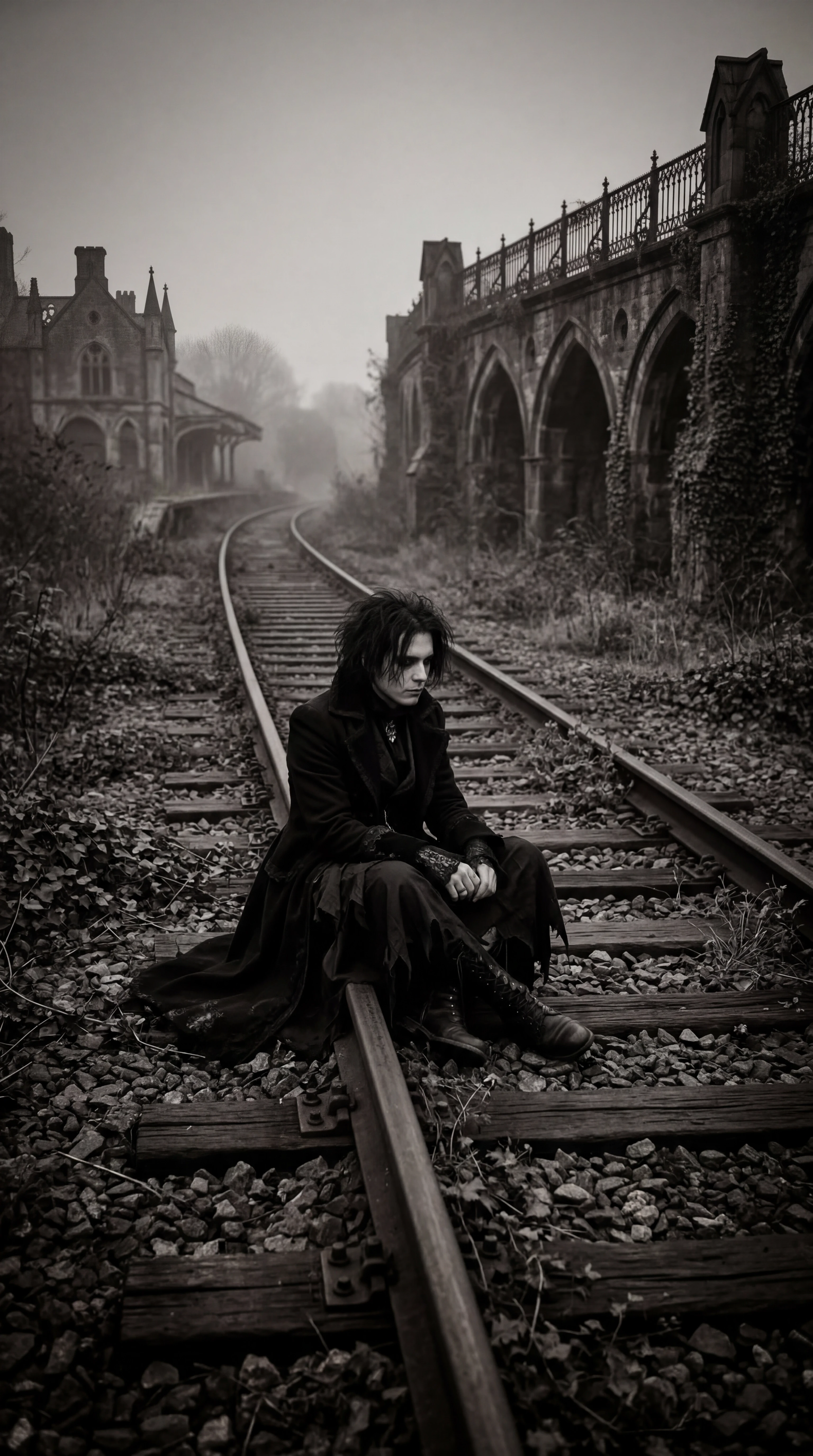 image of a person sitting on train tracks — работа пользователя Магнитная Волна