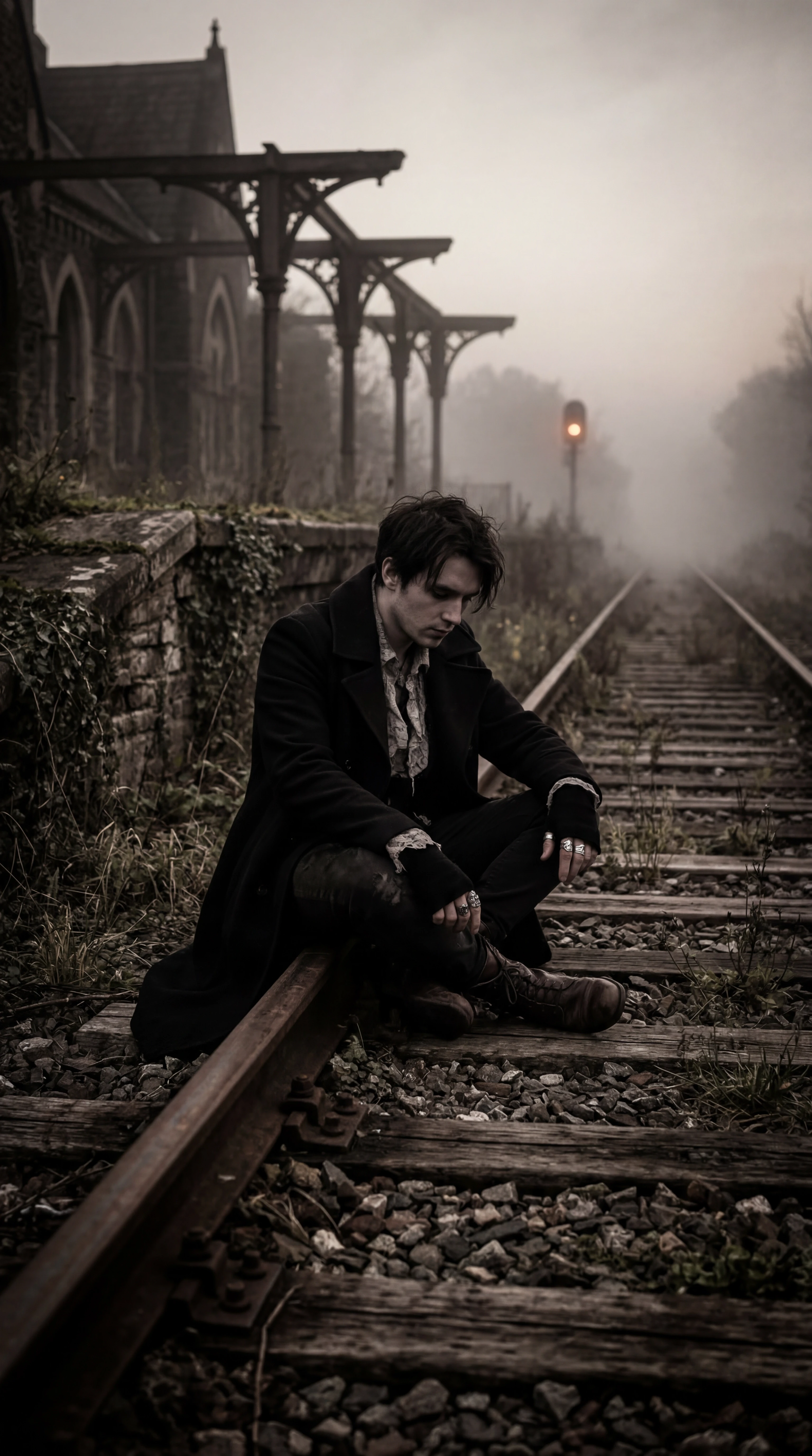 image of a person sitting on train tracks — работа пользователя Магнитная Волна