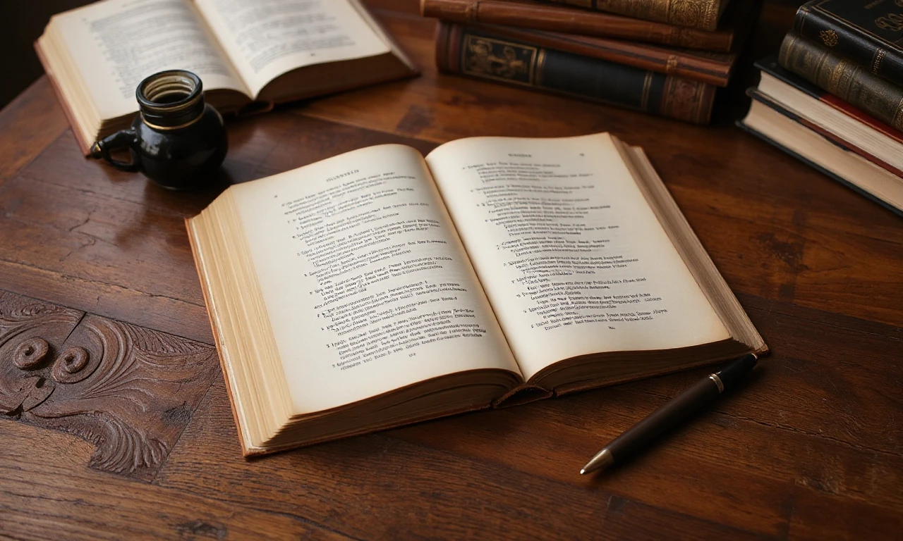 Раскрытая книга без надписей со слегка пожелтевшими страницами, лежащая на резном деревянном столе, рядом находятся перо и чернильница и стопки книг — работа пользователя…