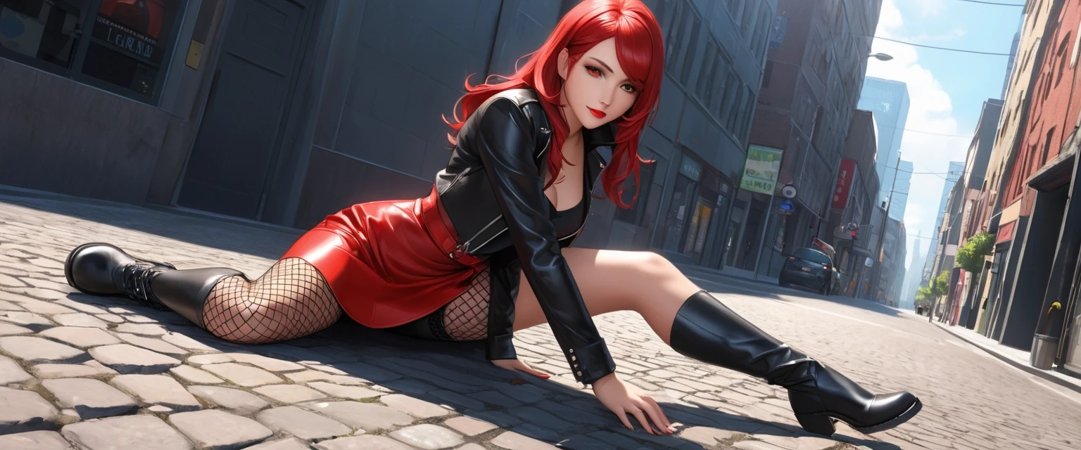 A human girl, very beautiful, full-length appearance, lying on the ground, emerald-colored eyes, sly gaze, bright scarlet lips with a natural shine, domineering gaze, straight…
