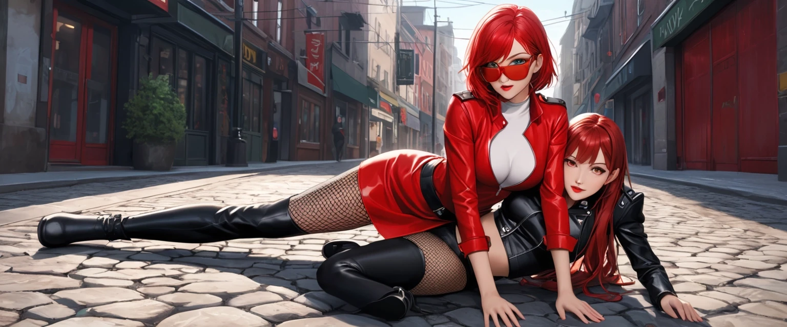 A human girl, very beautiful, full-length appearance, lying on the ground, emerald-colored eyes, sly gaze, bright scarlet lips with a natural shine, domineering gaze, straight…
