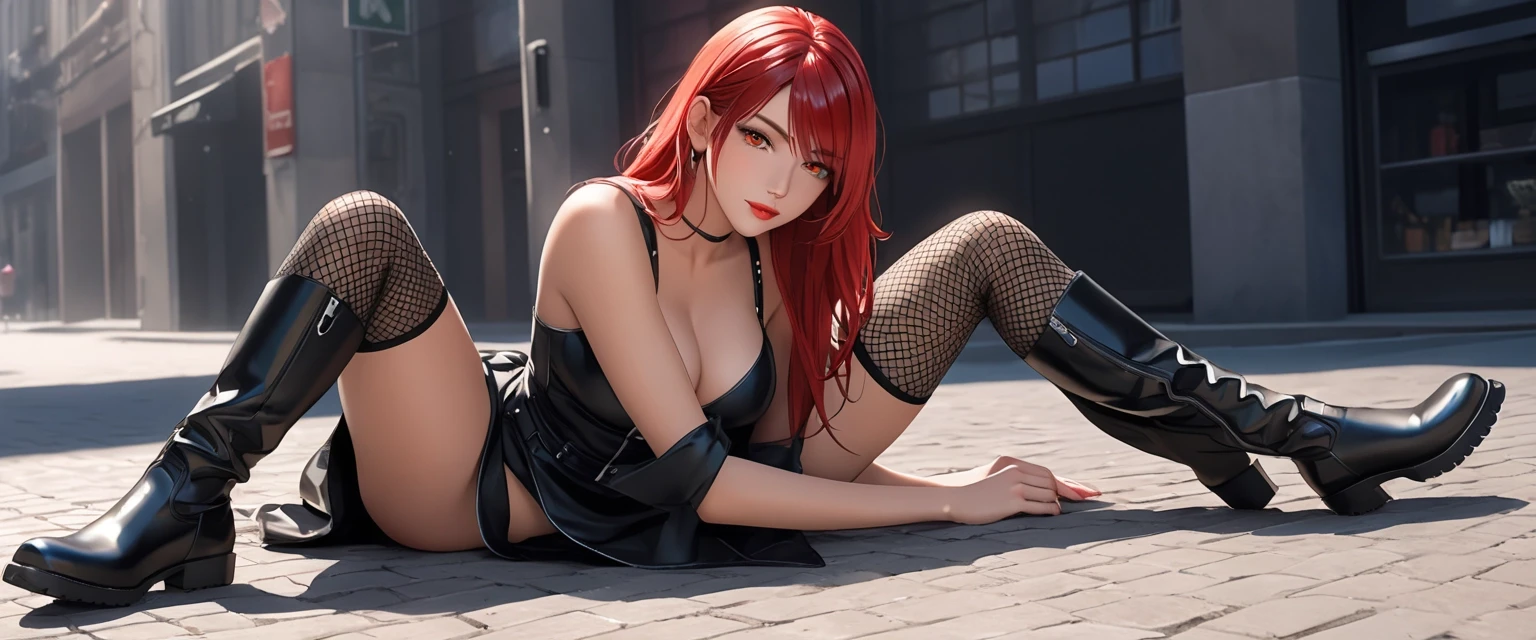 A human girl, very beautiful, full-length appearance, lying on the ground, emerald-colored eyes, sly gaze, bright scarlet lips with a natural shine, domineering gaze, straight…