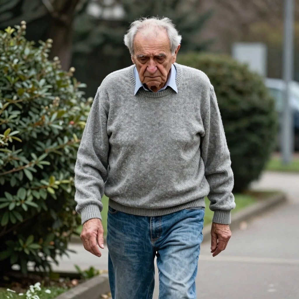 A realistic depiction of an elderly European man with Parkinson's disease is needed. The typical walking position for such patients is: the corpus and head are slightly…