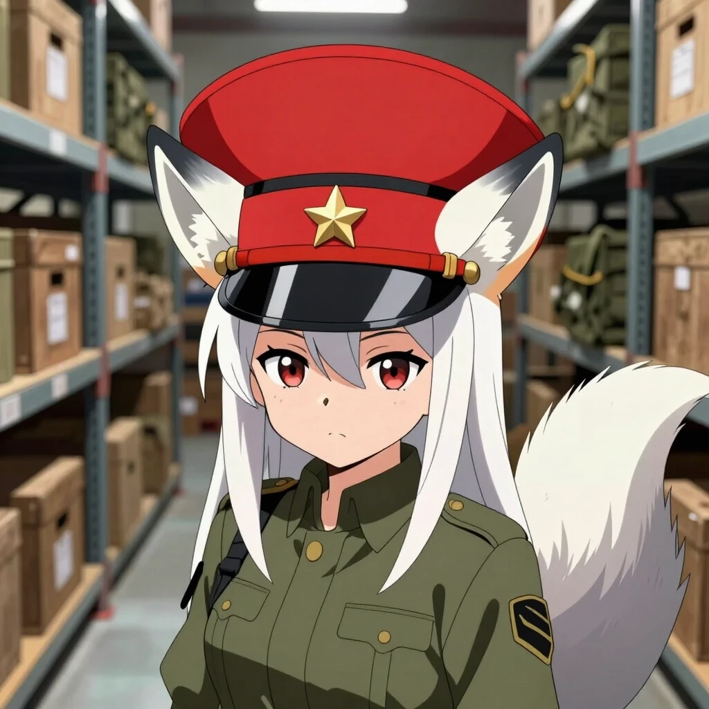 (A wide angle medium shot:1.2) of a beautiful Kumiho anme-girl wearing a huge rigid ((military officer peaked hat with a perfect flat wide circular top, stiff red band, black…