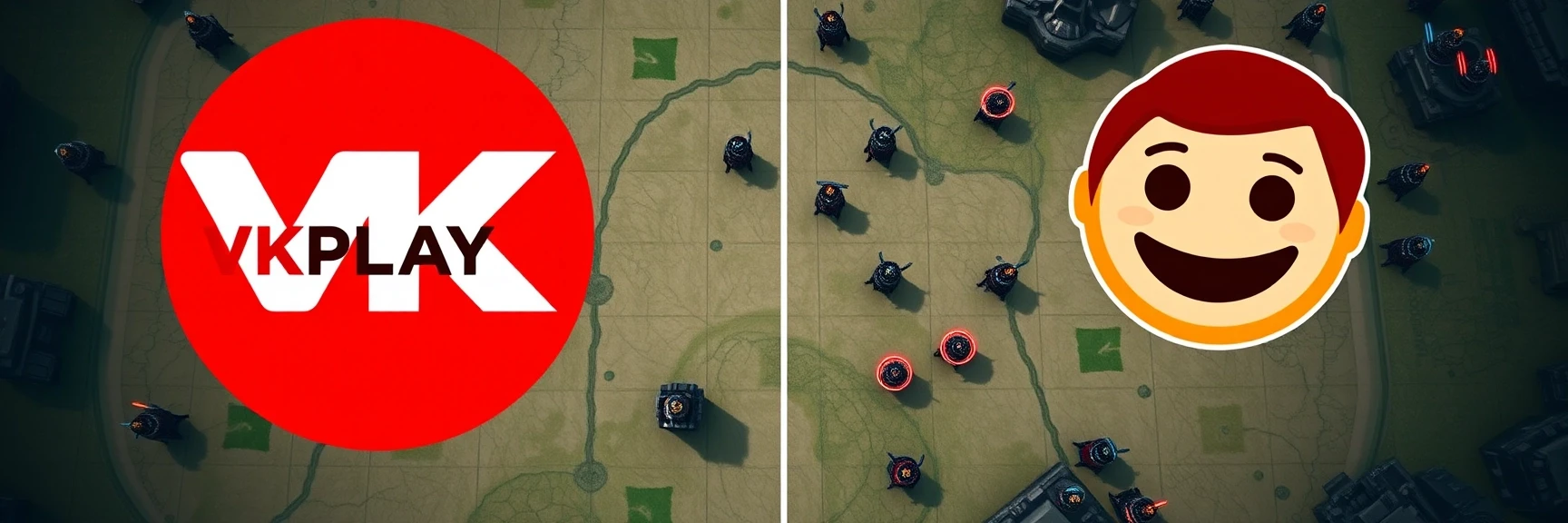 создай изображение, слева логотип VKPLAY справа изображение смайлик Red-John-Smiley-Face из сериала менталист на фоне с градиентным переходом светлых оттенков синего — работа…