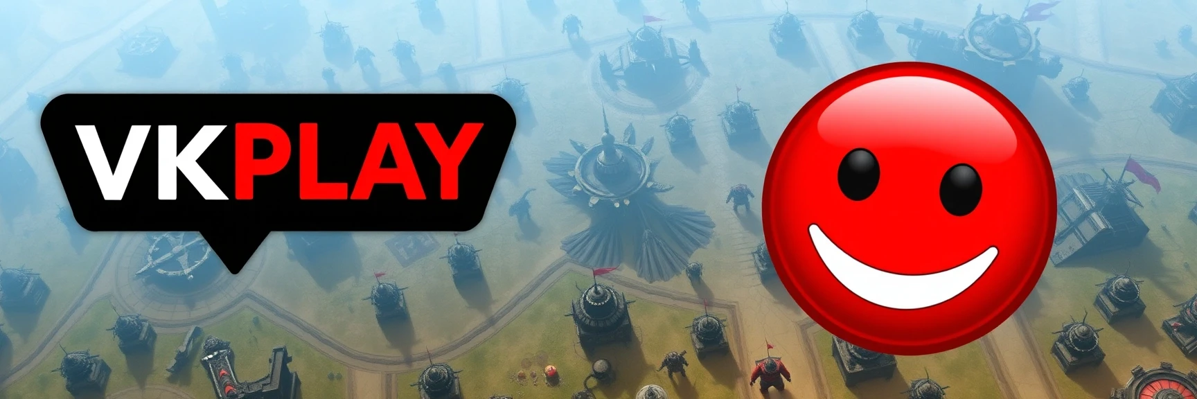 создай изображение, слева логотип VKPLAY справа изображение смайлик Red-John-Smiley-Face из сериала менталист на фоне с градиентным переходом светлых оттенков синего — работа…