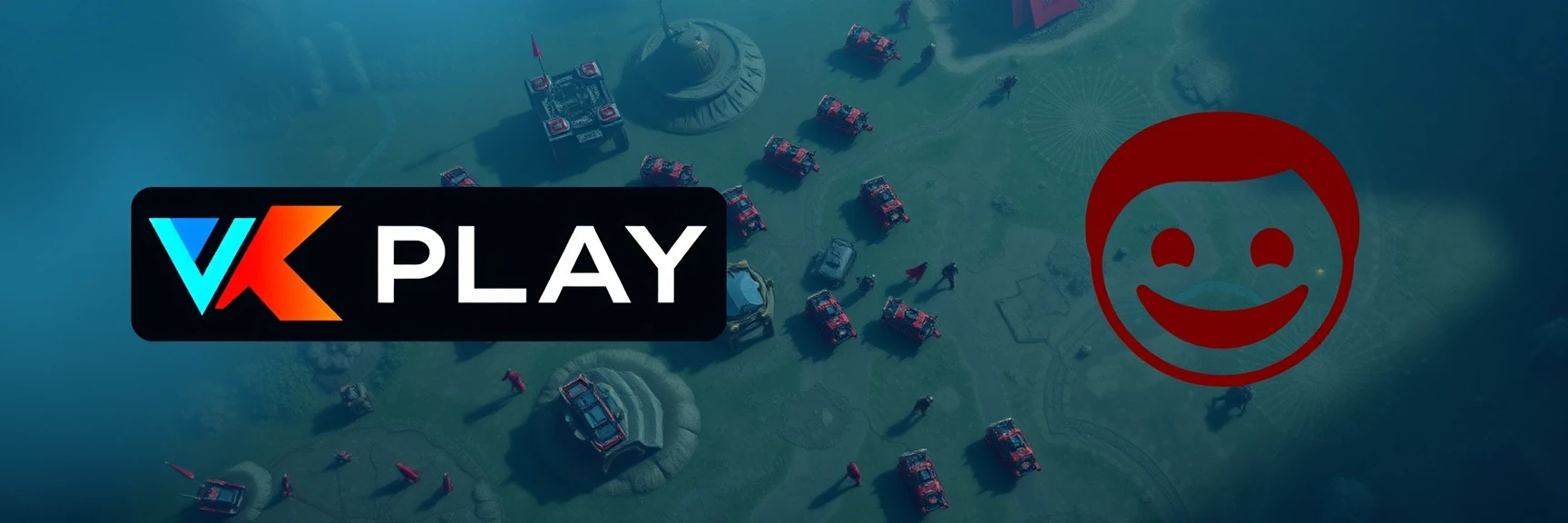 создай изображение, слева логотип VKPLAY справа изображение смайлик Red-John-Smiley-Face из сериала менталист на фоне с градиентным переходом светлых оттенков синего — работа…
