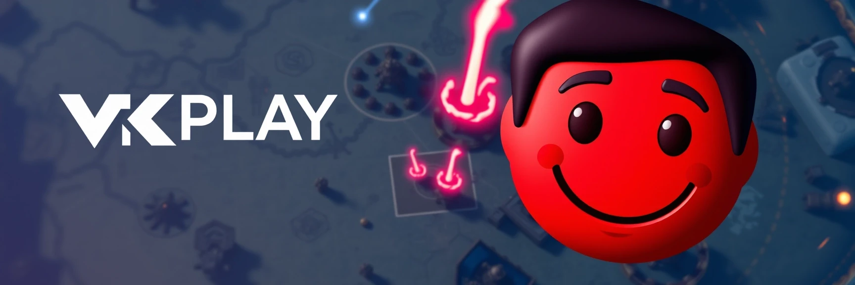 создай изображение, слева логотип VKPLAY справа изображение смайлик Red-John-Smiley-Face из сериала менталист на фоне с градиентным переходом светлых оттенков синего — работа…