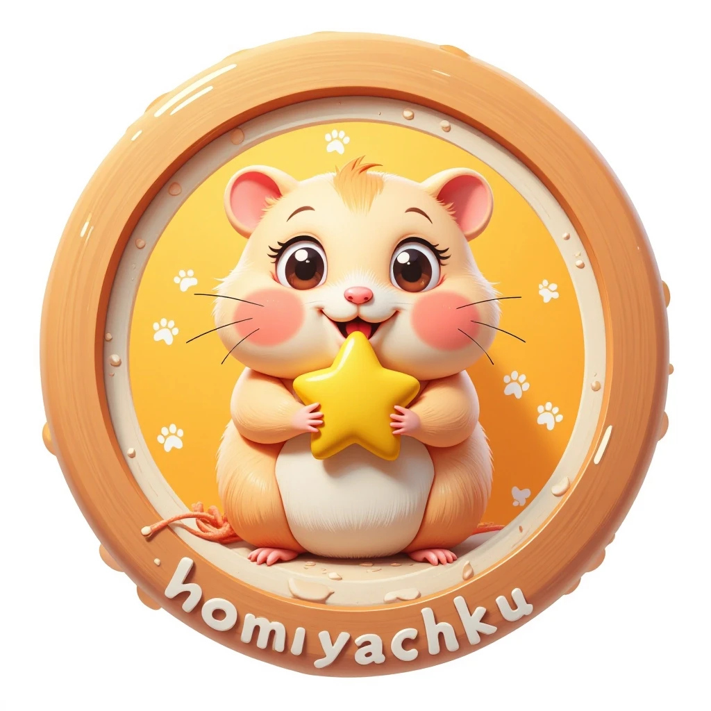 A round logo design for a children's team called "Hamsters" (Khomyachki). A cute, chubby cartoon hamster with big shiny eyes and rosy cheeks is holding a small…