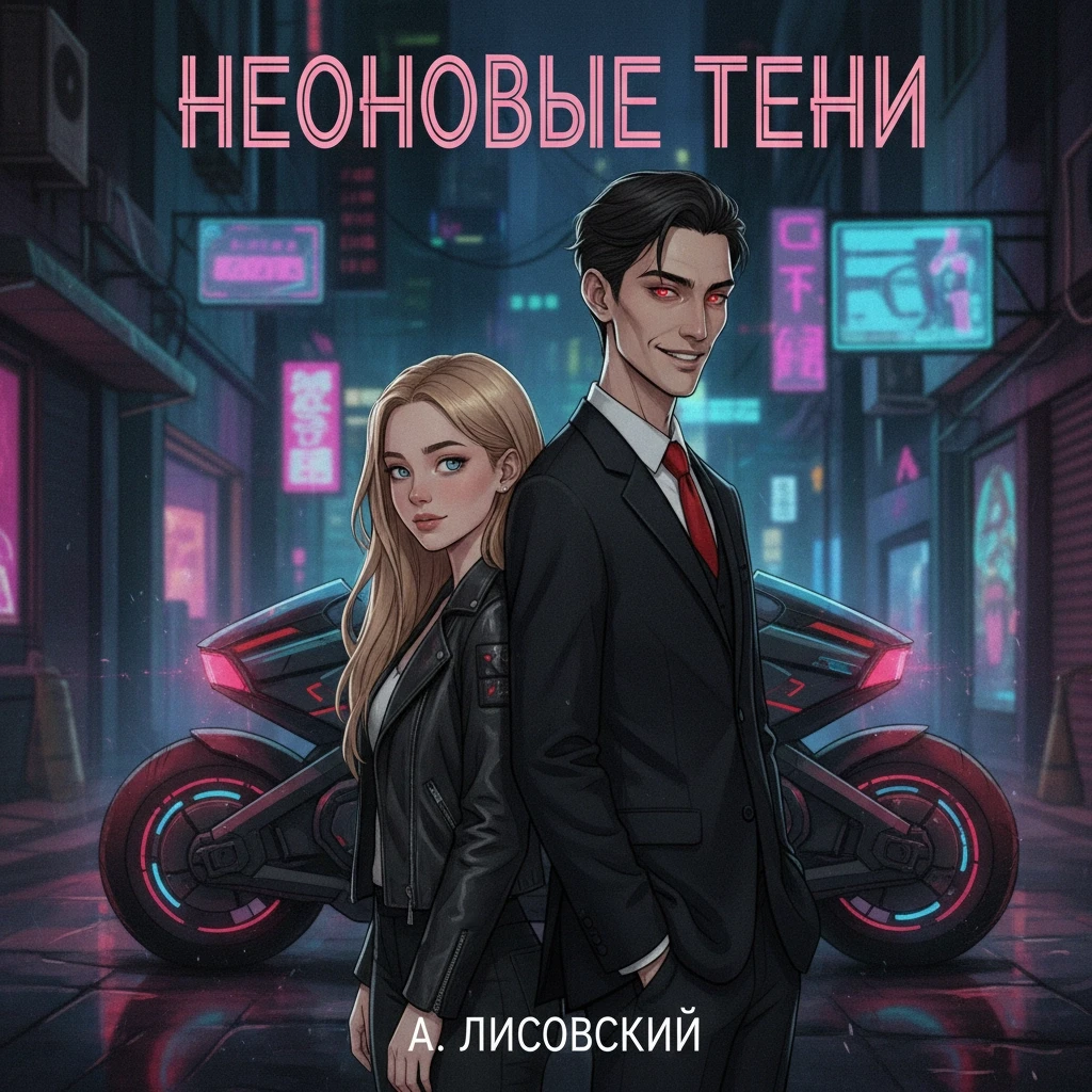 мужчина азиат, молодой, худой, высокий, с красными яркими глазами, в черном костюме с красным галстуком, и девушка в кожаной куртке, светлые длинные волосы, голубые глаза,…