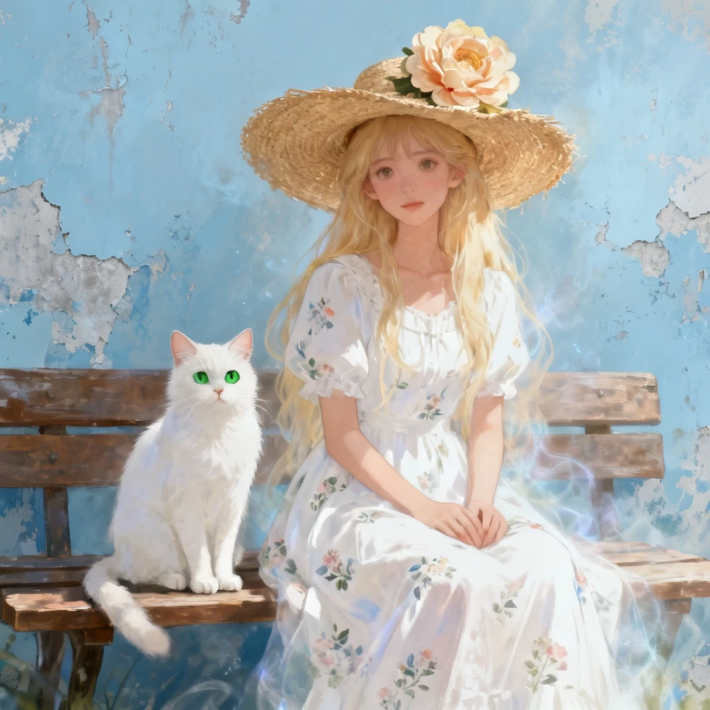 The image is a digital art piece that features a young woman with long blonde hair and a large straw hat with a large flower on top. She is wearing a white dress with a floral…