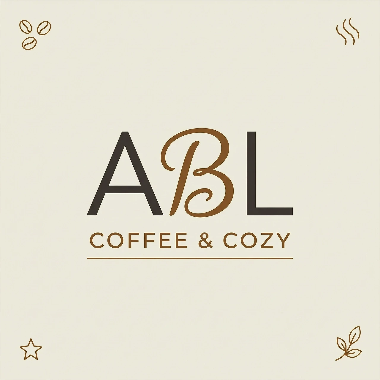 Logo for a cozy cafe called ABL. The word ABL in a clean sans-serif typeface. The letter B is replaced with a flowing handwritten flourish in warm brown. Background is…