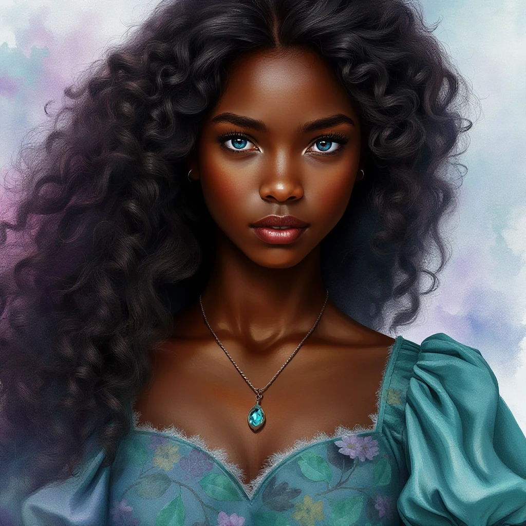 Photorealistic portrait. A young mulatto woman with luxurious, long, curly dark brown hair and delicate, realistic, dark skin. Blue eyes. A thin chain with a pendant around the…
