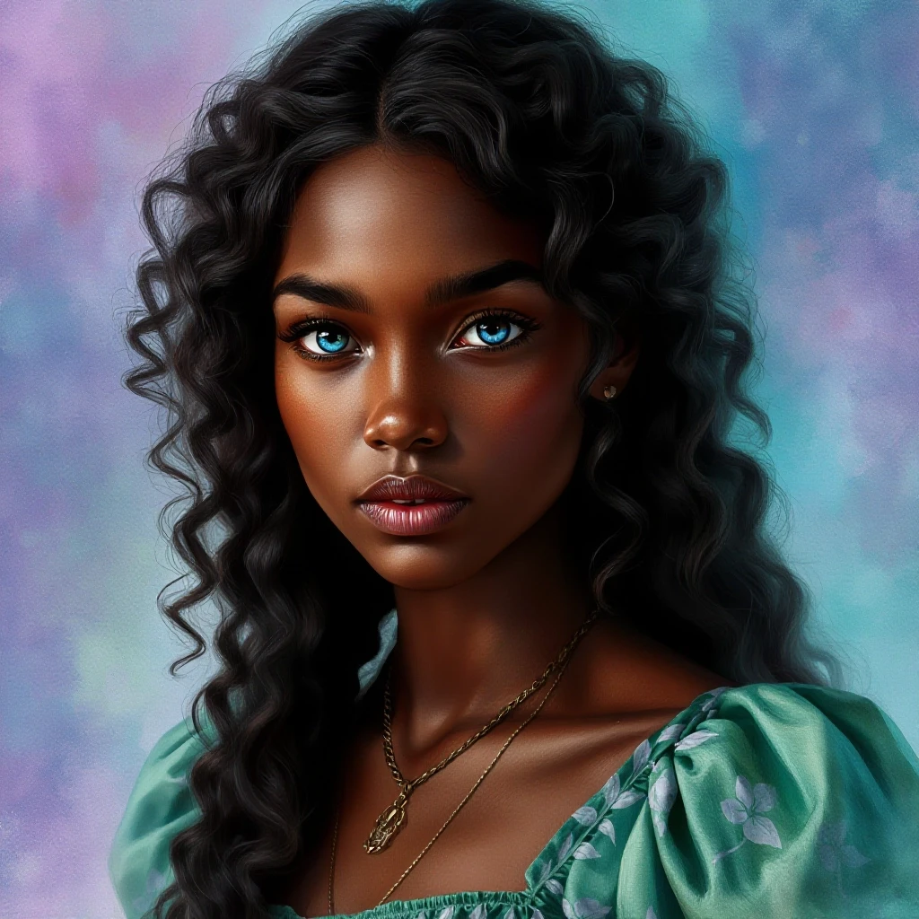 Photorealistic portrait. A young mulatto woman with luxurious, long, curly dark brown hair and delicate, realistic, dark skin. Blue eyes. A thin chain with a pendant around the…