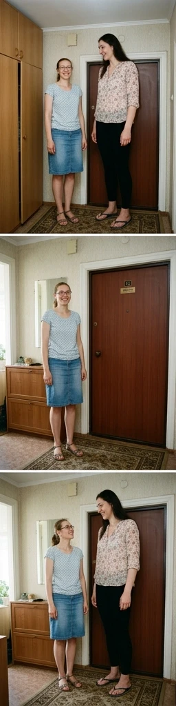 Two friends are standing by the door in a regular apartment in Moscow. They are both very tall, which is the main point of the picture. On the left is Oksana, who is 32 years…