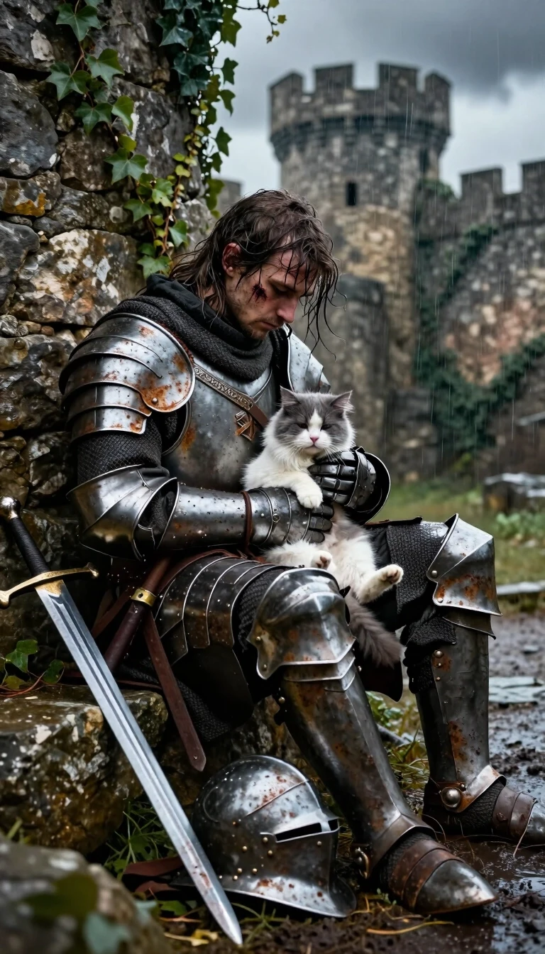 A weary exhausted medieval knight in heavily battered, dented and rusted plate armor sitting slumped against a crumbling ruined stone fortress wall overgrown with ivy. He gently…