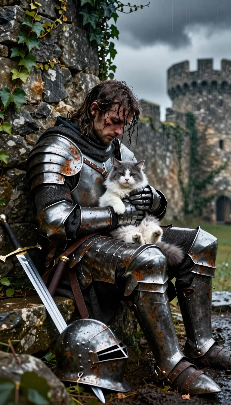 A weary exhausted medieval knight in heavily battered, dented and rusted plate armor sitting slumped against a crumbling ruined stone fortress wall overgrown with ivy. He gently…