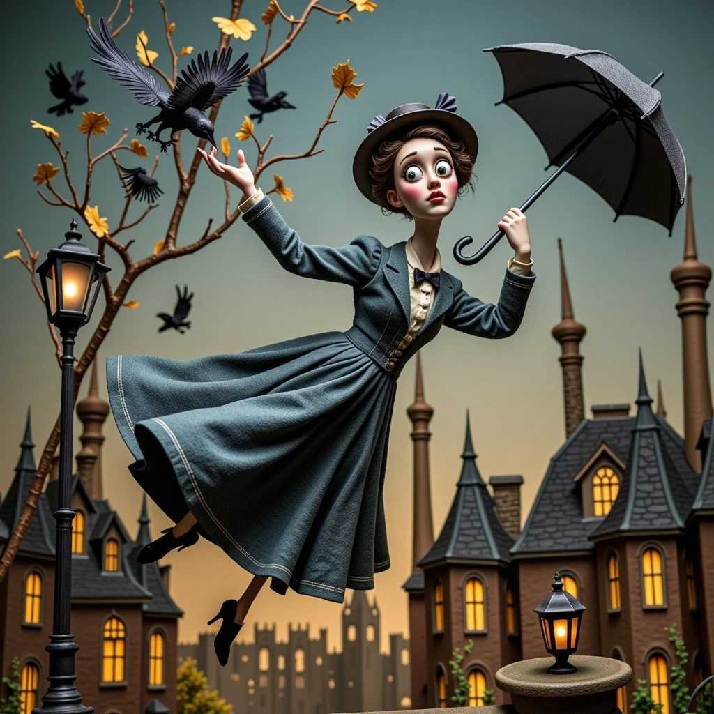 Mary Poppins in the style of Tim Burton: like a frame from a stop‑motion animated film. She is flying, holding an umbrella, but the proportions are slightly grotesque —…