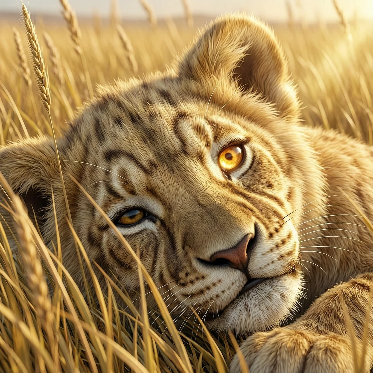 Extreme close-up of a cute fluffy lion cub named Lyova sleeping in tall golden savanna grass. One eye is slightly cracking open, showing a bright amber iris with a contracting…