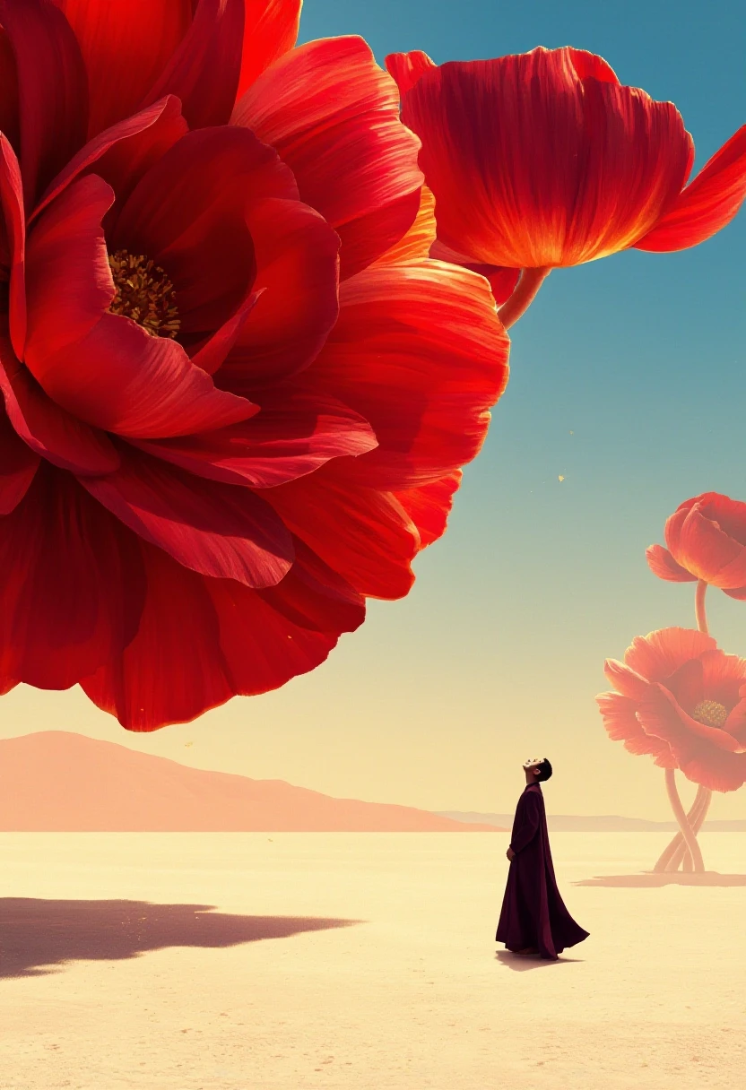 a solitary small human figure in a long flowing dark burgundy robe stands on a pale desert salt flat in the lower right of the frame, head tilted upward in awe, dwarfed by…