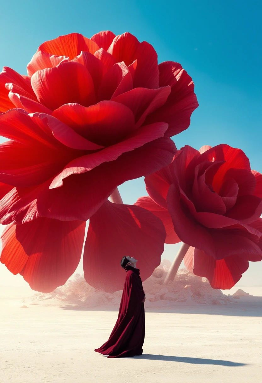 a solitary small human figure in a long flowing dark burgundy robe stands on a pale desert salt flat in the lower right of the frame, head tilted upward in awe, dwarfed by…
