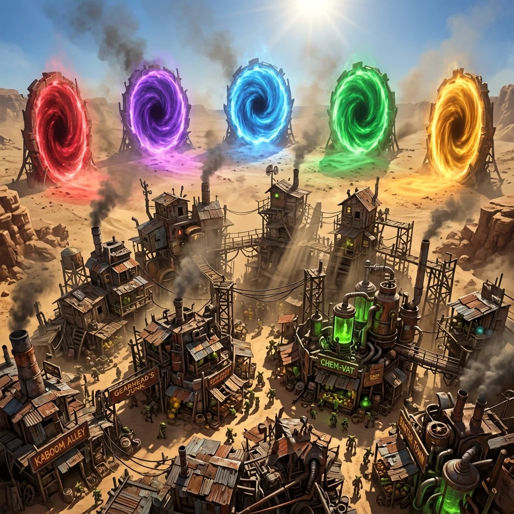 A sprawling, chaotic goblin settlement inspired by Gadgetzan from World of Warcraft, characterized by makeshift scrap-metal architecture, rickety wooden scaffolding, and…