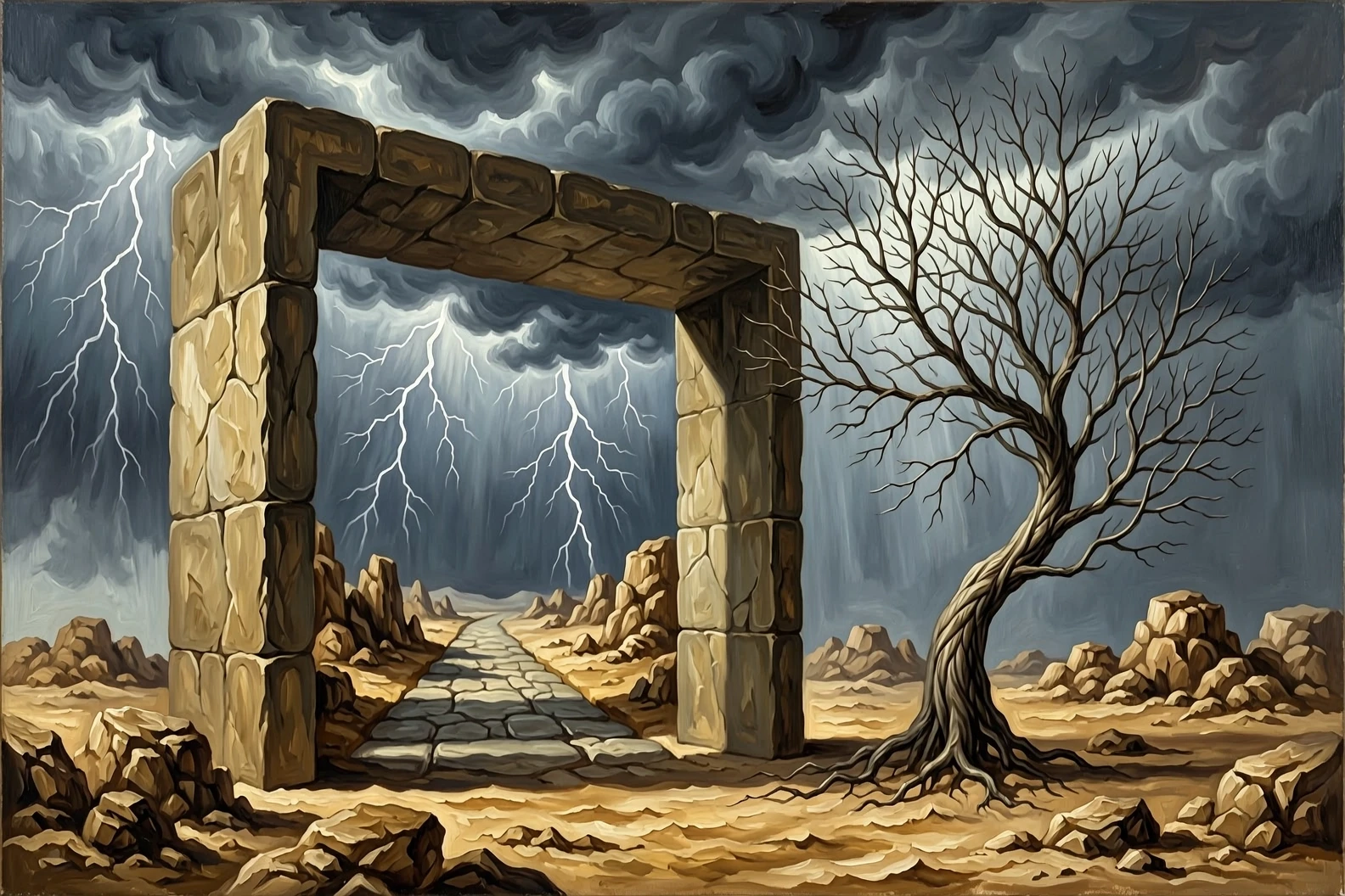 A thought-provoking modern surrealism oil painting. A massive 3D rectangular stone block stands on an ancient, barren desert floor surrounded by low rocky formations. The front…