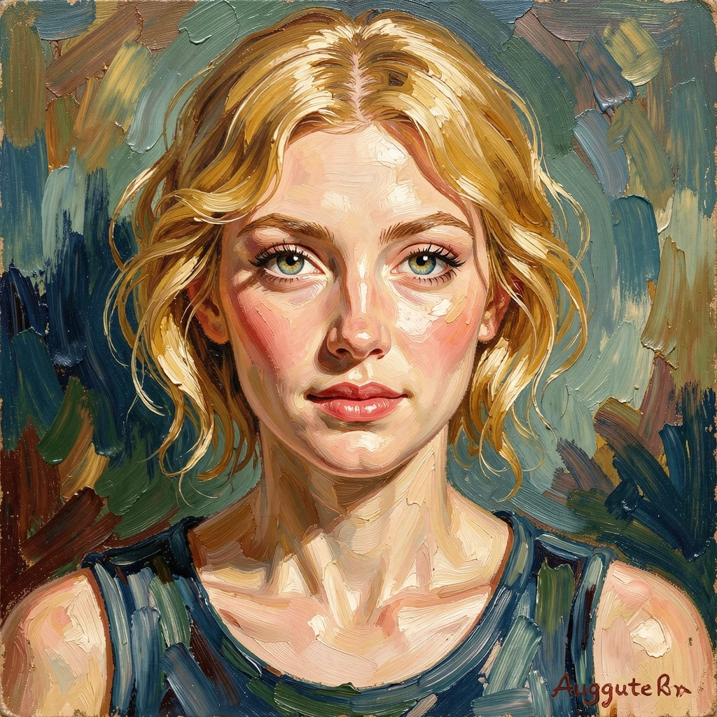 A true masterpiece of impasto graphic style. ((Image of a very beautiful blonde girl.)). Close-up. High resolution. High quality. Increased attention to small details.…