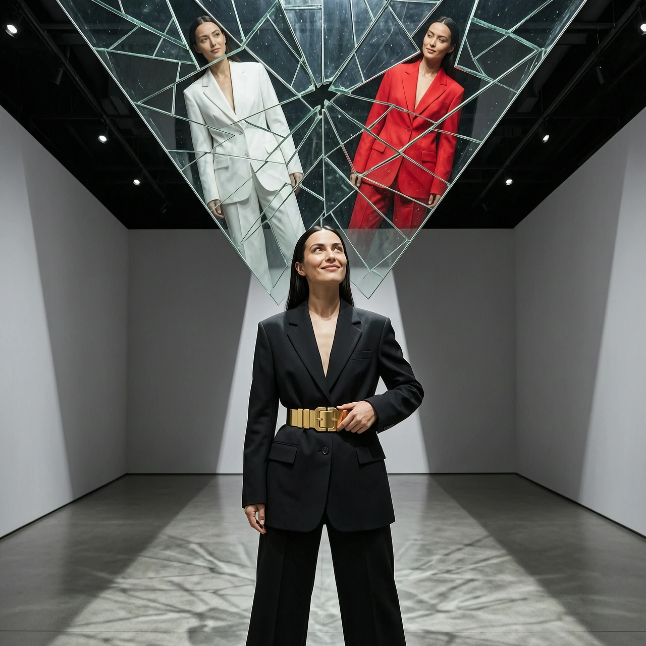 A breathtaking surreal maximalist collage: a powerful female AI model in a black oversized power suit stands beneath a massive sheet of shattered glass that is mid-fall, frozen…