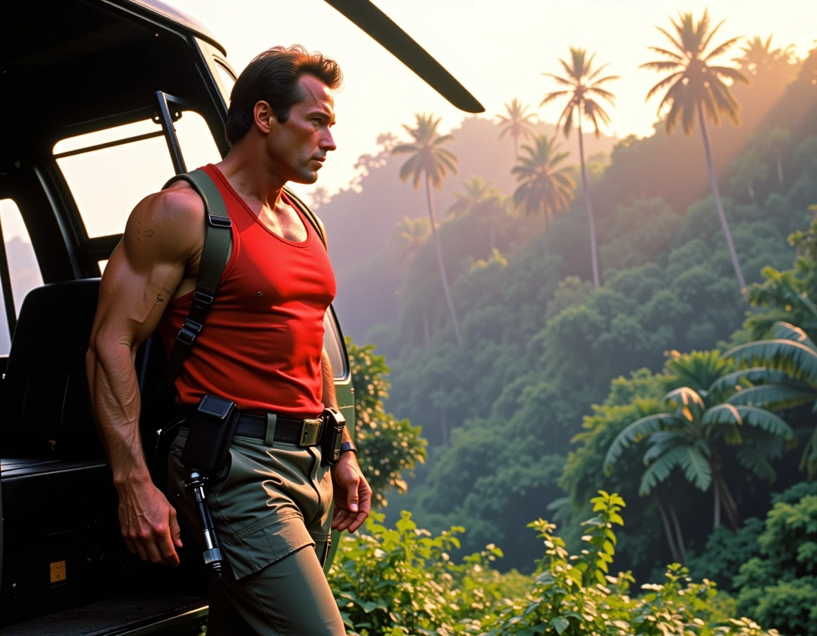 Arnold Schwarzenegger as Dutch from Predator (1987), stepping off a military helicopter, wearing a red sleeveless shirt and tactical green pants, looking intensely at the dense…