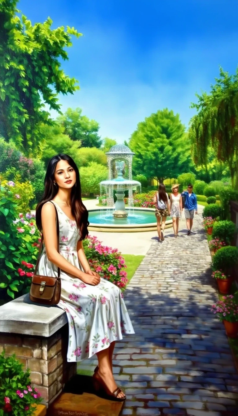 The image is a painting of a beautiful garden scene with a fountain in the center. The fountain is surrounded by lush greenery and colorful flowers. On the left side of the…