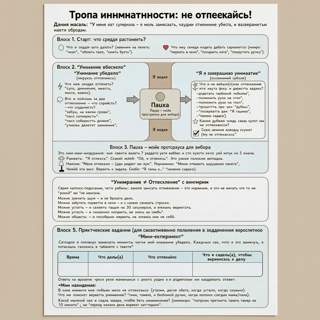 Рабочий лист «Тропа внимательности: не отвлекайся!» Главная мысль: «У меня есть суперсила — я могу замечать, когда внимание убегает, и возвращать его обратно». Блок 1. Старт:…