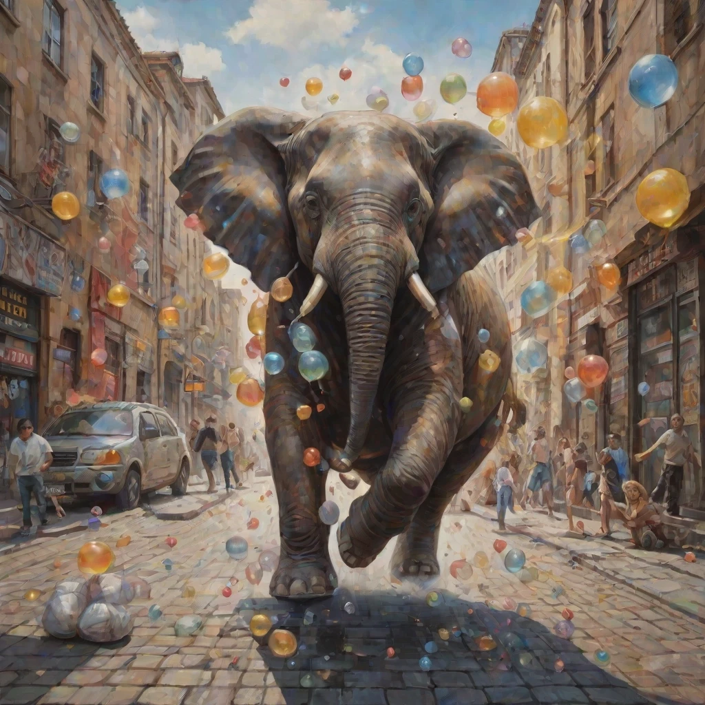 A huge yellow checkered elephant with leather wings is joyfully jumping on the stone pavement in black boots, surrounded by floppy-eared creatures in pointed hats blowing soap…