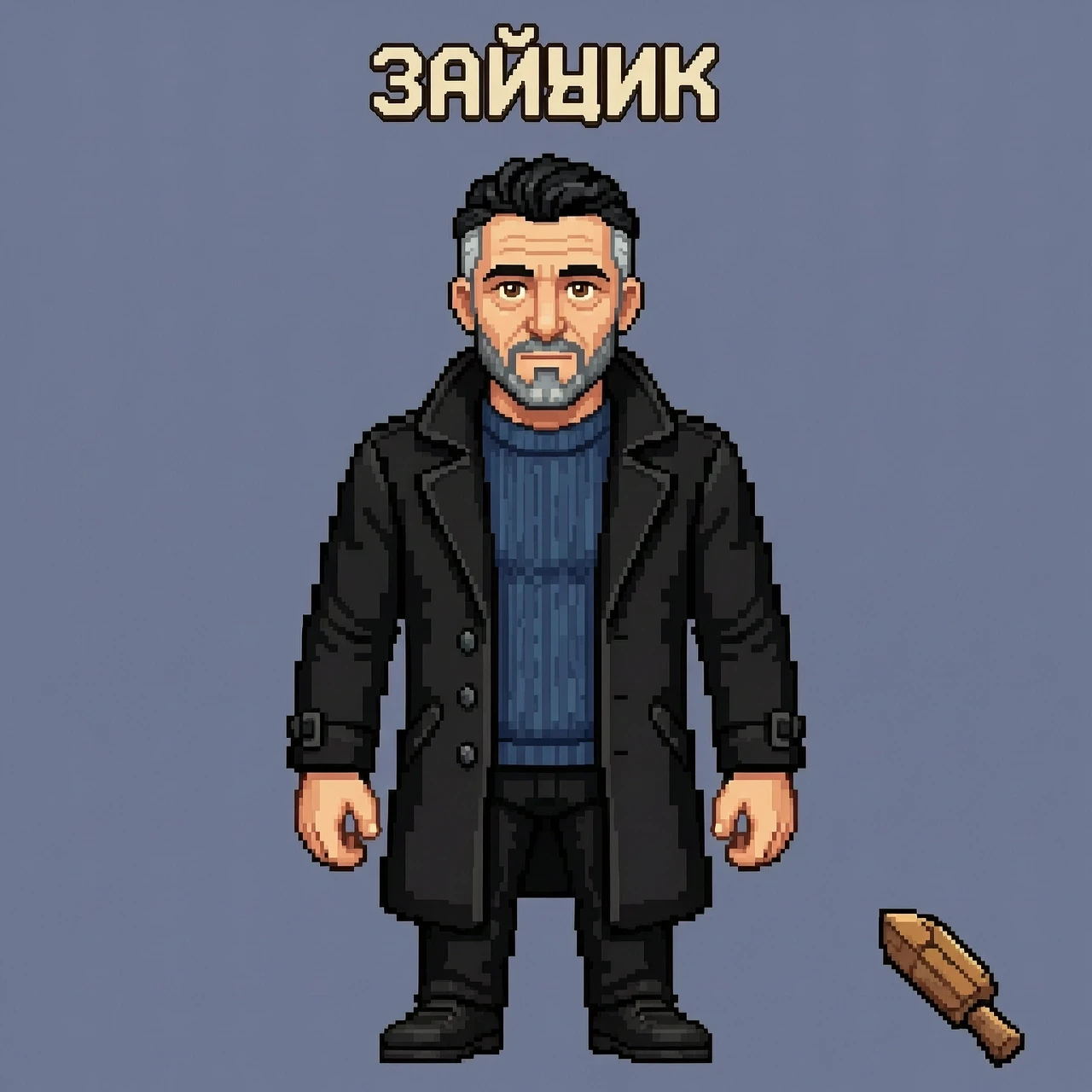 Создай изображение в стиле видеоигры "Зайчик". Мужчина, 45 лет, 195 см, крепкое и мускулистое телосложение, короткие волнистые чёрные волосы с сединой на висках,…