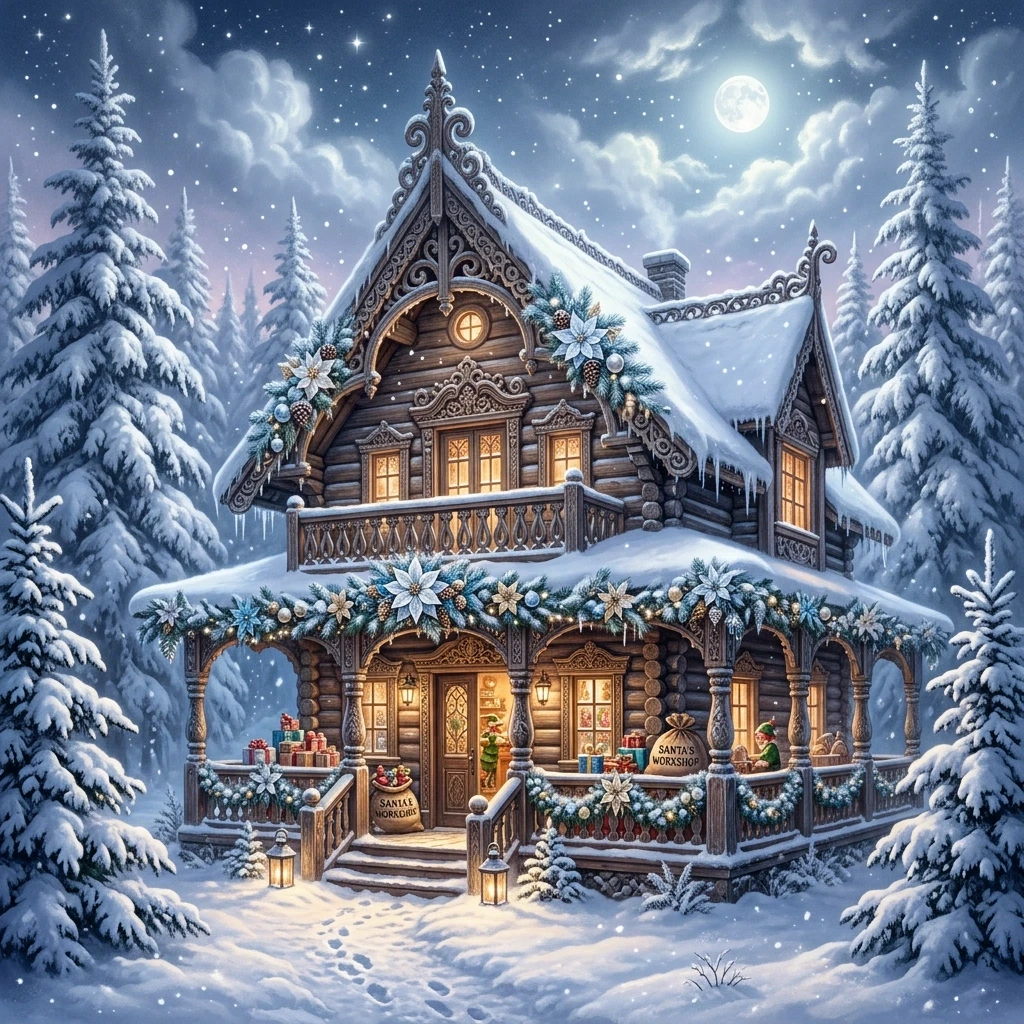 A carved house with a balcony and a veranda, comfortably located in a winter forest surrounded by fluffy fir trees under large spreading branches. Bright white poinsettias and…