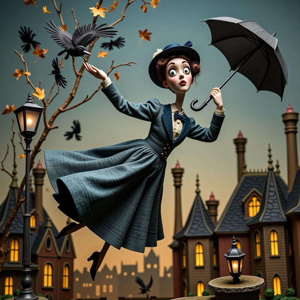 Mary Poppins in the style of Tim Burton: like a frame from a stop‑motion animated film. She is flying, holding an umbrella, but the proportions are slightly grotesque —…