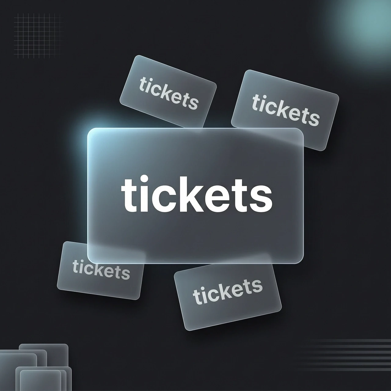 перемести слово tickets с летающей карточки в папку на центральную карточку, слова напиши менее прозрачным белым, а тень летающих карточек сделай с такой же подсветкой как у…