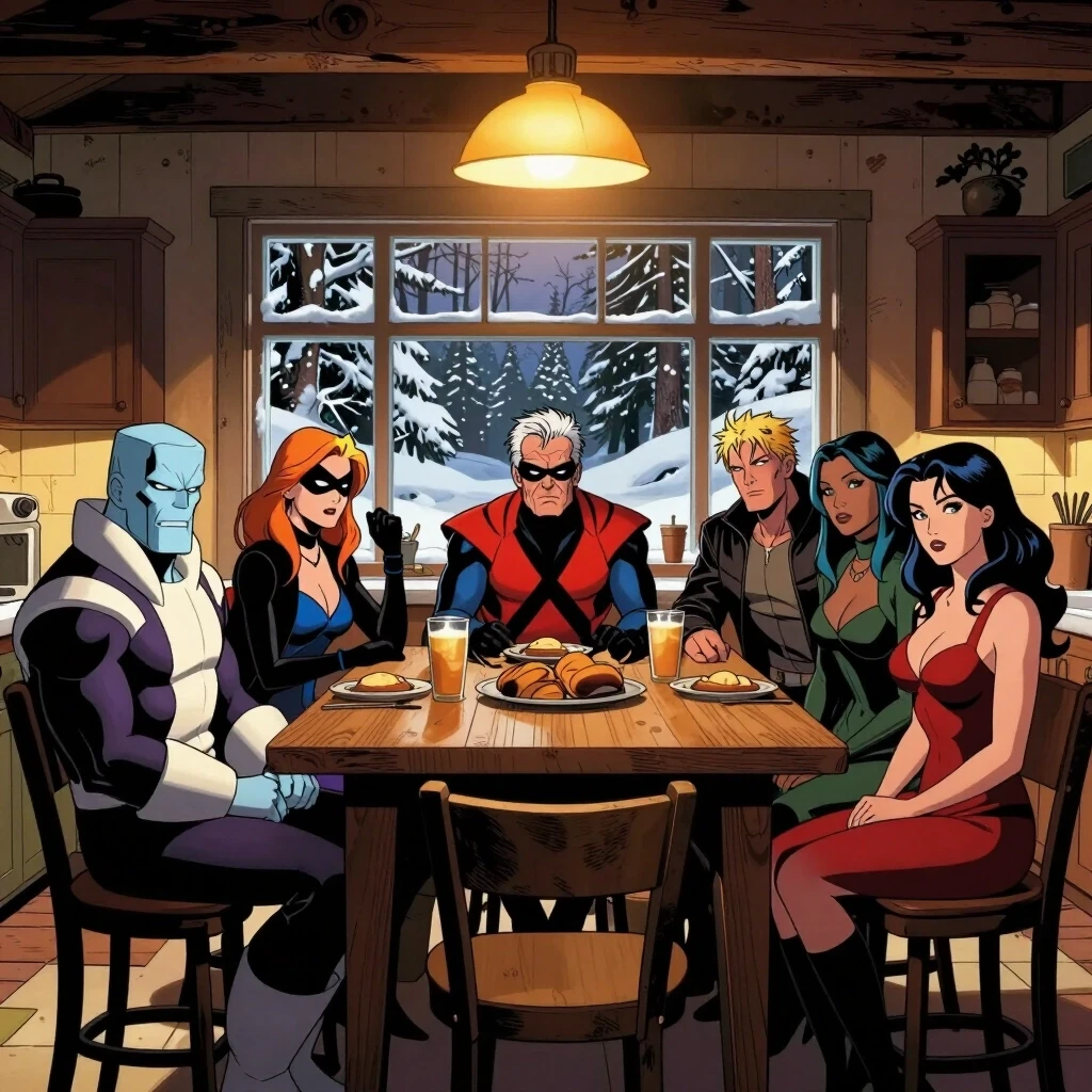 Old Man Logan and other aged X-Men (Old Man Aicberg, Old woman shadow cat, old storm, old rouge and other s) sitting inside a cozy farmhouse kitchen, warm lighting, heavy snow…
