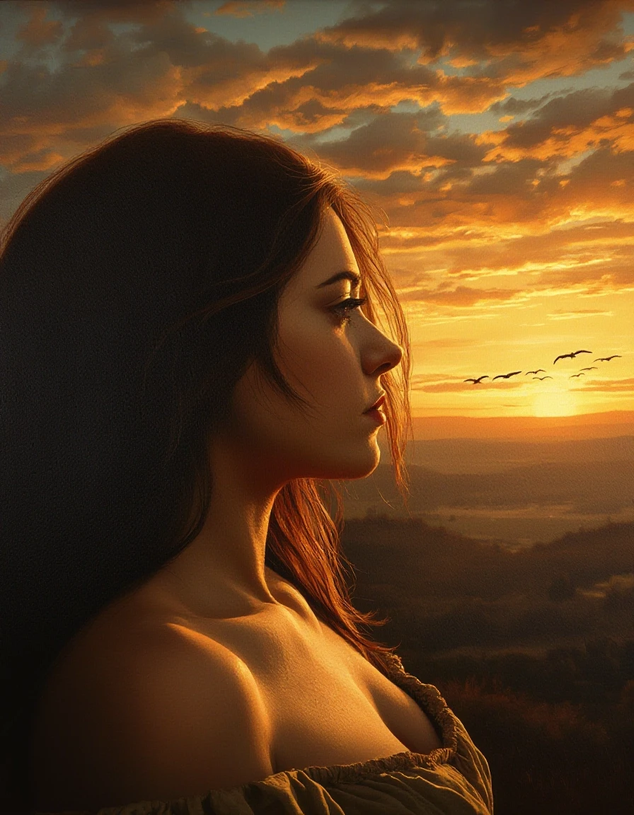 A masterpiece. Oil painting. A landscape at sunset. In the distance, you can see a line of birds flying away. A beautiful woman is shown in close‑up, looking at them in profile.…