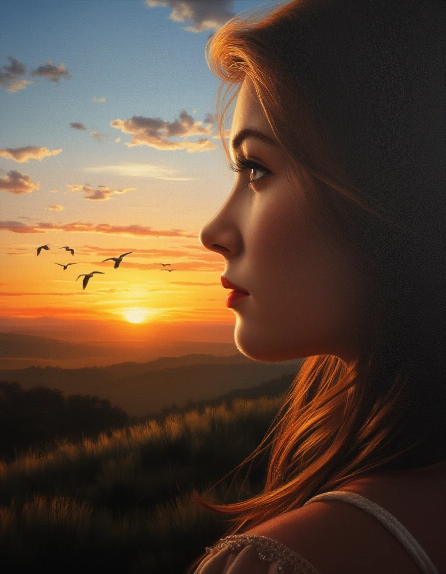 A masterpiece. Oil painting. A landscape at sunset. In the distance, you can see a line of birds flying away. A beautiful woman is shown in close‑up, looking at them in profile.…
