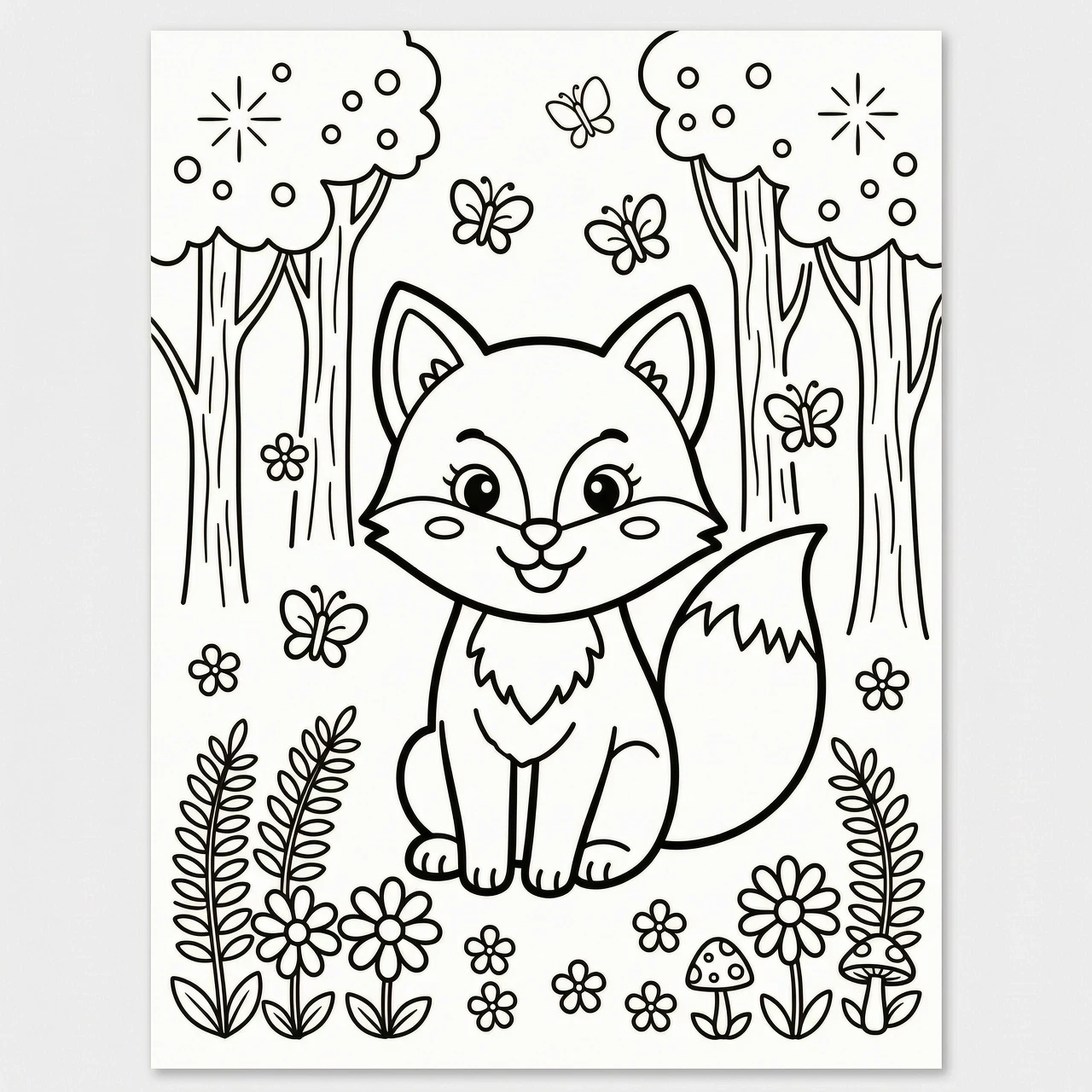 Cute fox sitting in an enchanted forest surrounded by flowers, ferns and butterflies, friendly, happy expression, large simple shapes suitable for young children, clear,…